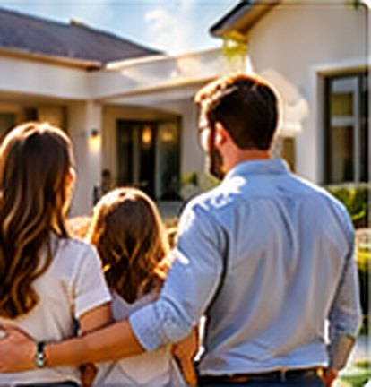 Família em frente a uma casa, olhando o imóvel