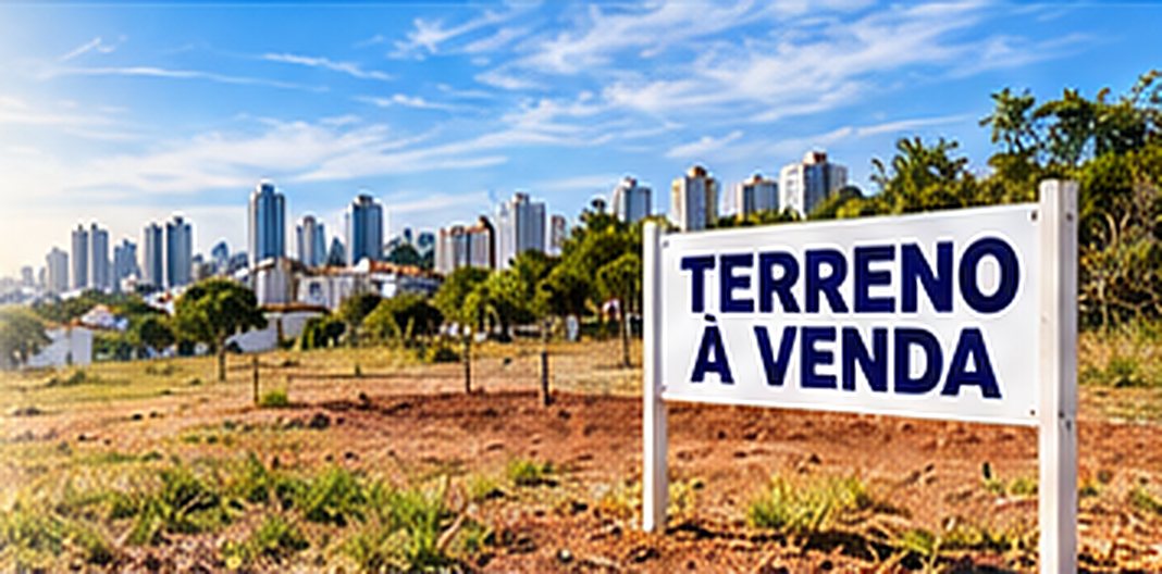 Terreno com placa de venda e prédios ao fundo